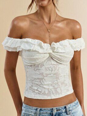 White Chic Casual Women's Off-Shoulder Floral Knit Crop Top with Ruffle Collar